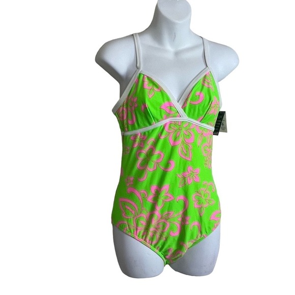 NWT Lands End Kindest Cut One Piece Star Shape Size 12 Green Pink White Trim - Picture 5 of 7